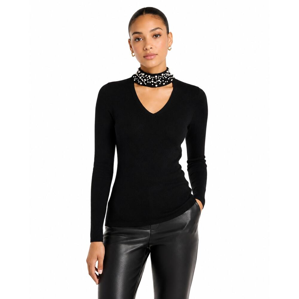 Belle by Kim Gravel Faux Pearl Beaded Choker Cutout Sweater Black XXS NWOT